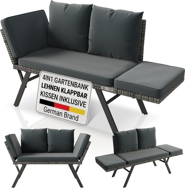 JUSKYS Gartenbank Calvia klappbare Bank mit Sonnenliegefunktion aus Polyrattan und Stahl, grau-meliert, inklusive Polsterung - Bild 1
