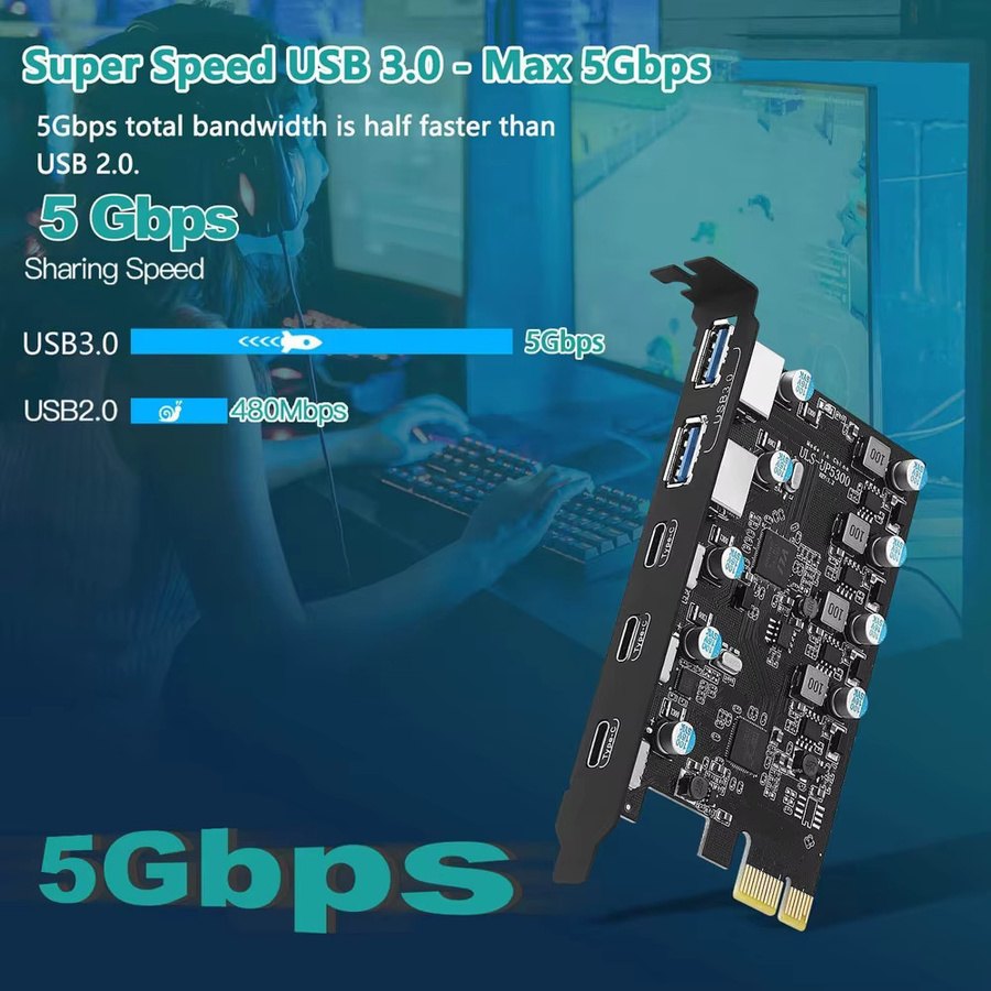 IRhasta USB-Erweiterungskarte PCIe 1X auf 5-Port USB-C und USB-A Adapter mit 5Gbps Geschwindigkeit in Schwarz - Bild 2