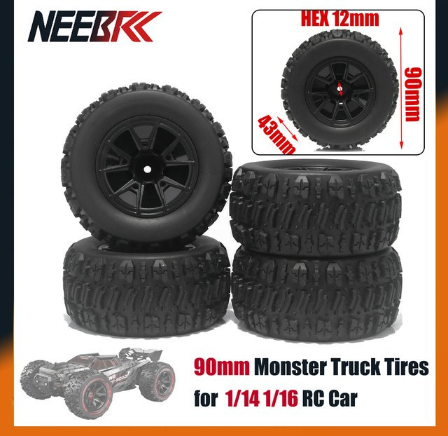 NEEBRC Monster Reifen Räder, 4-teiliges Set, 90mm 12mm Hex, Schwarz - Bild 1