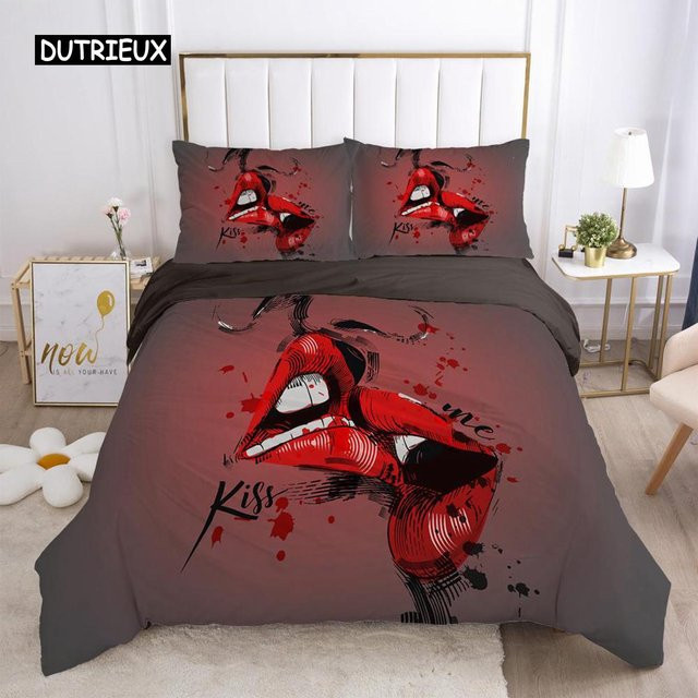 Bettwäsche-Set mit rotem Lippen-Print von Binchi Outdoor Product, Material Polyester, B/H: 135 x 200 cm - Bild 1