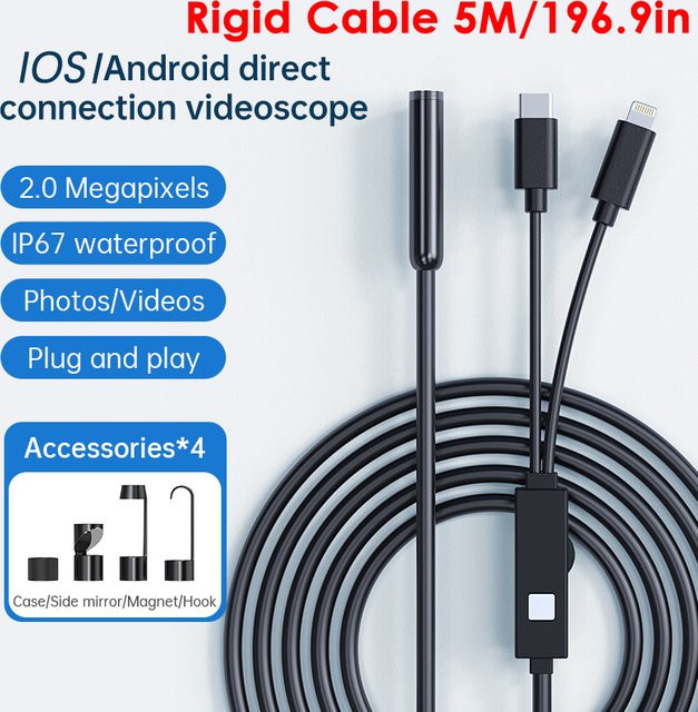 eMastiff Endoskop Kamera mit 2 MP und 8 mm Hartdraht, IP67 wasserdicht, 8 einstellbare LEDs, kompatibel mit iOS und Android für die Pipeline-Inspektion, Schwarz - Bild 1