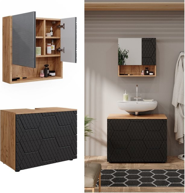 Vicco Badmöbel-Set Irma in Eiche und Anthrazit, 2-teilig bestehend aus Spiegelschrank und Waschbeckenschrank mit einer Breite von 80 cm - Bild 1