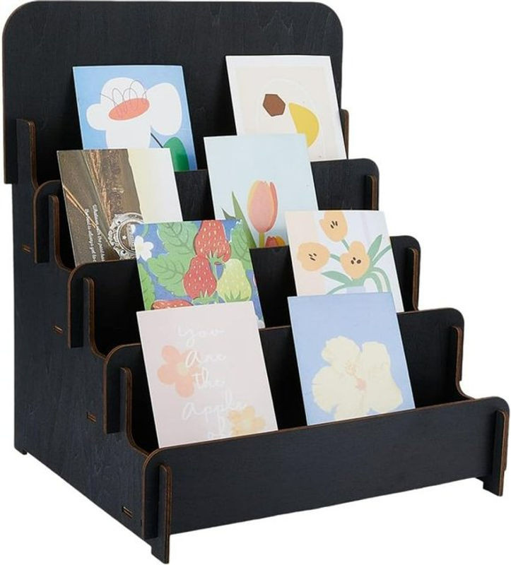 4-stufiger Aufkleber-Ausstellungsständer aus Holz in Schwarz für Grußkarten, Postkarten und Broschüren - Bild 1