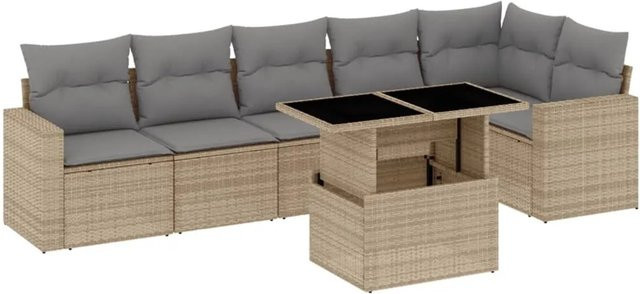 vidaXL 7-tlg Garten-Sofagarnitur in L-Form aus beigem Poly-Rattan mit Kissen und pulverbeschichtetem Stahlgestell - Bild 1