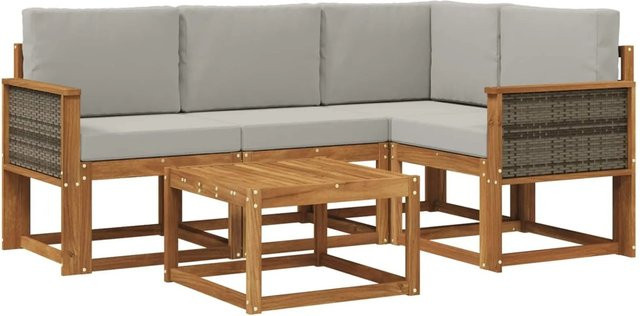 vidaXL Outdoor-Sofagarnitur aus Akazienholz mit 5 Teilen in L-Form, Hellgrau und Natur - Bild 1