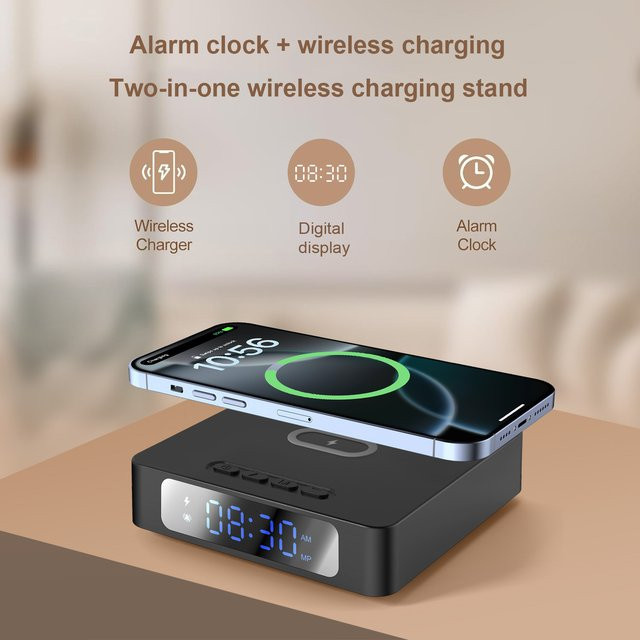 PDKUAI 3-in-1 Kabelloses Ladegerät mit Digitalem Wecker, 15W Tragbares Ladestation für iPhone und Samsung, Schwarz - Bild 1