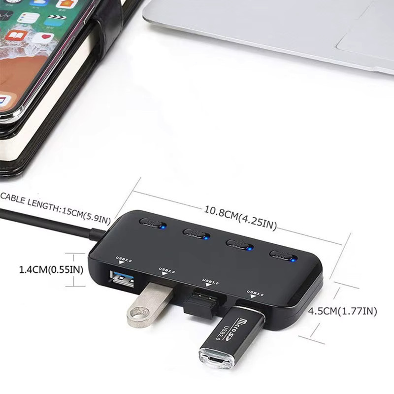 OULLX 4-Port USB 3.0 Typ C Hub mit Schalter in Schwarz für Hochgeschwindigkeits-Datenübertragung von HDD, SSD, Maus und Tastatur - Bild 4