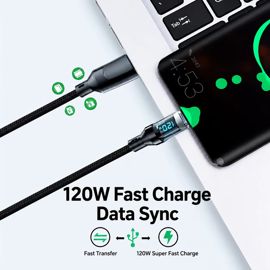 USB-A zu USB-C Ladekabel mit 120W PD Schnellladung und LED-Leistungsanzeige, Nylon-Ummanteltes Typ-C-Kabel mit 480Mbps Datensynchronisation, Schwarz - Bild 2