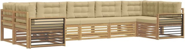 vidaXL Outdoor-Sofagarnitur aus Akazienholz in L-Form, 7-teilig, Weiß und Beige mit Kissen und Armlehnen - Bild 1