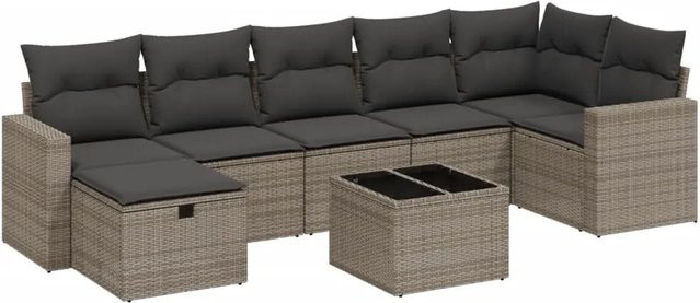 vidaXL 8-teilige Garten-Sofagarnitur in L-Form aus grauem Poly-Rattan mit Kissen und Glastisch - Bild 1