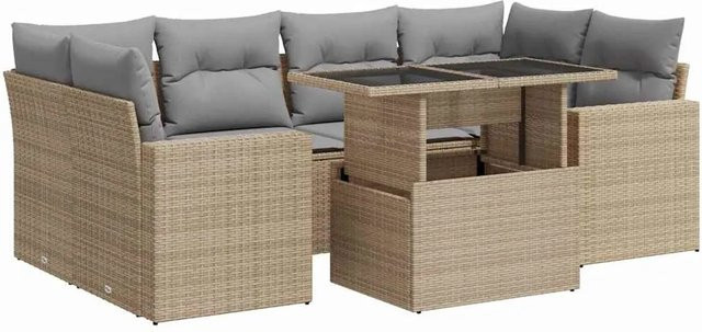 vidaXL 7-teilige Garten-Sofagarnitur in L-Form aus Poly-Rattan in Beige-Grau mit wetterfesten Kissen und pulverbeschichtetem Stahlgestell - Bild 1
