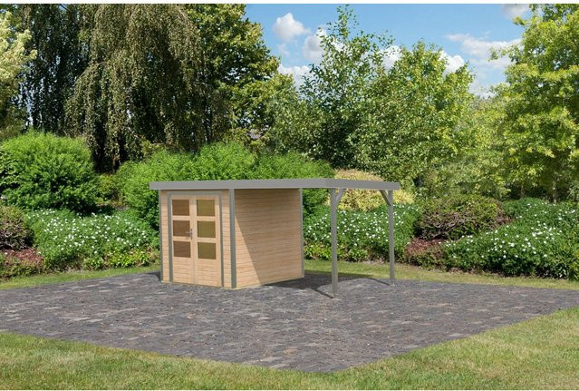 Karibu Gartenhaus Ernesto A mit Anbaudach aus Holz in Natur/Grau, B/T/H: 208,5 x 209 x 213 cm - Bild 1