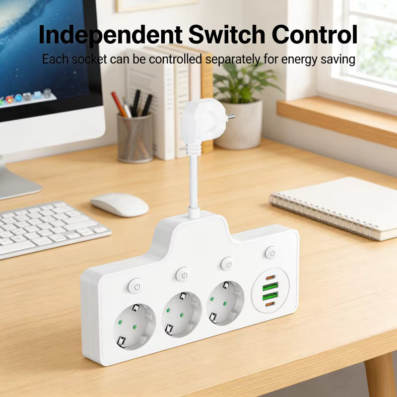 Netcosy Steckdosenleiste QL-1118U in Weiß mit 3 AC-Steckdosen, 2 USB-C Anschlüssen und Einzelschaltern zur Wandmontage - Bild 4