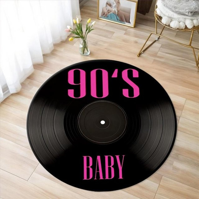 Runder Vinyl-Schallplatten-Teppich von Lodestar in Schwarz, Maschinenwaschbarer Retro-Teppich mit Musik-Design, Durchmesser: 120 cm - Bild 1