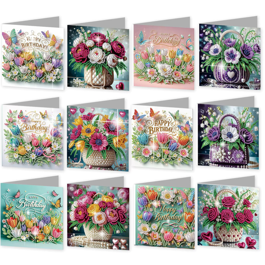 12er-Pack Grußkarten-Set mit Blumen- und Tiermotiven zum Selbermachen für Diamant-Kunst und Malerei, inklusive Umschlägen, mehrfarbig und lila - Bild 2