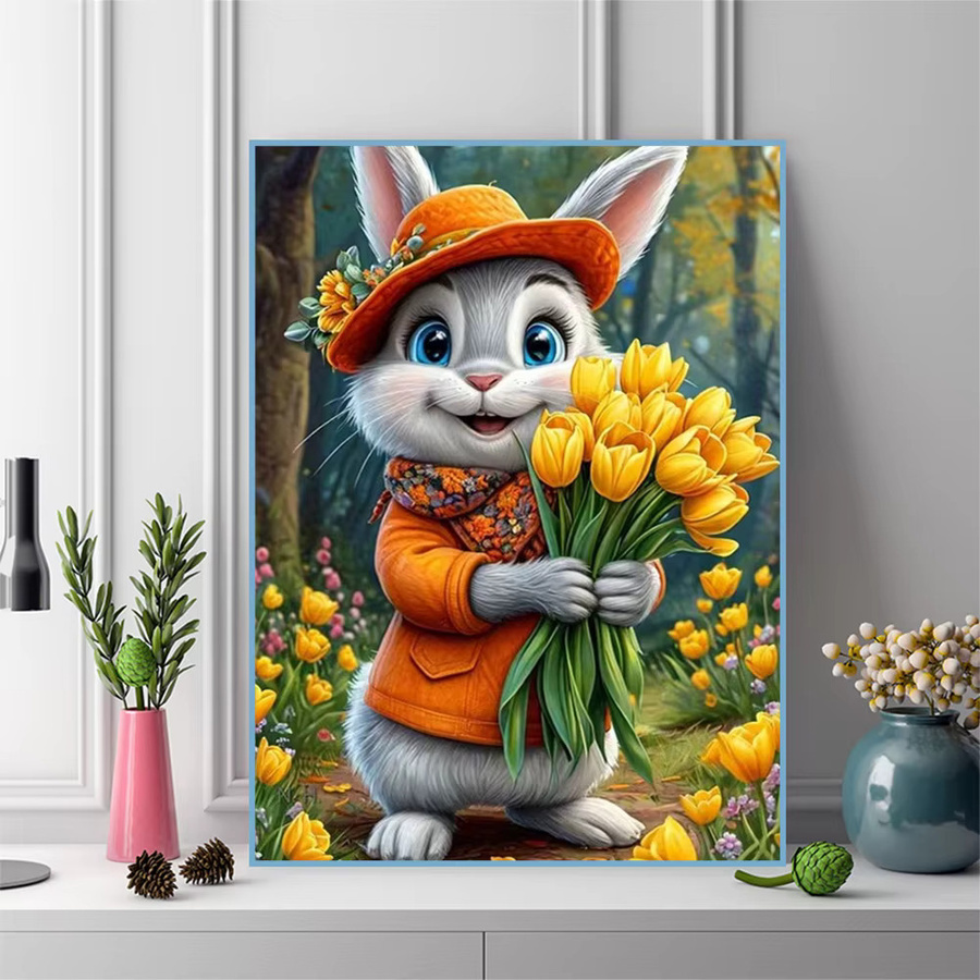 Momoart 5D-Diamantgemälde Set mit Kaninchen und Blumen, buntes Diamant-Mosaik für Erwachsene mit runden Strasssteinen - Bild 3