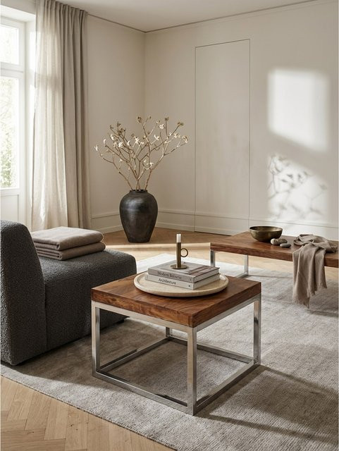 Beistelltisch GUNA von KADIMA DESIGN aus Massivholz und Metall im Landhausstil, Braun/Silber, B/T/H: 60 x 60 x 40 cm - Bild 1
