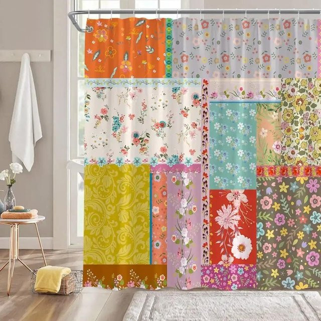 Wasserdichter Duschvorhang mit böhmischem Patchwork-Blumenmuster von Household supplies MH in Mehrfarbig, B/H: 180 x 180 cm - Bild 1