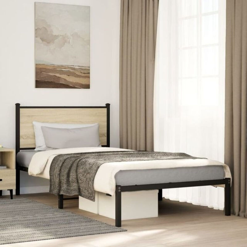 Metallbett Vidaxl in Sonoma-Eiche Natur und Braun, B/T/H: 100 x 200 cm - Bild 1