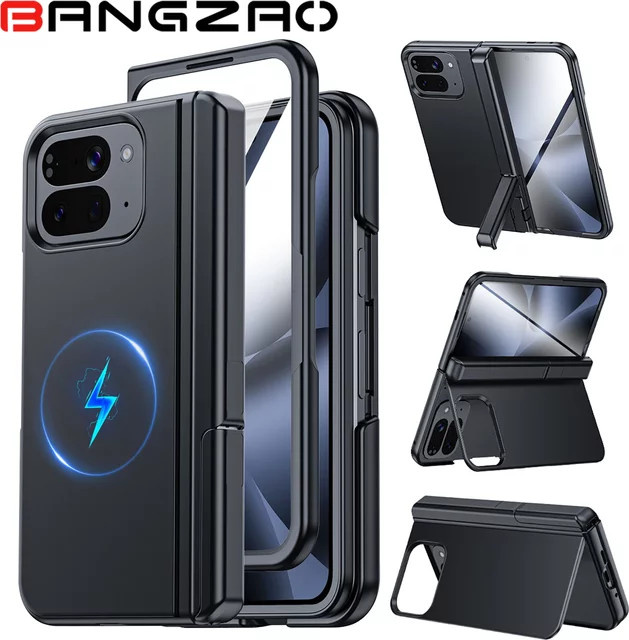 Magnetische Hülle für Google Pixel 10 Pro Fold mit integriertem 9H-Glasschutz, Scharnierschutz und verstecktem Ständer in Schwarz - Bild 1