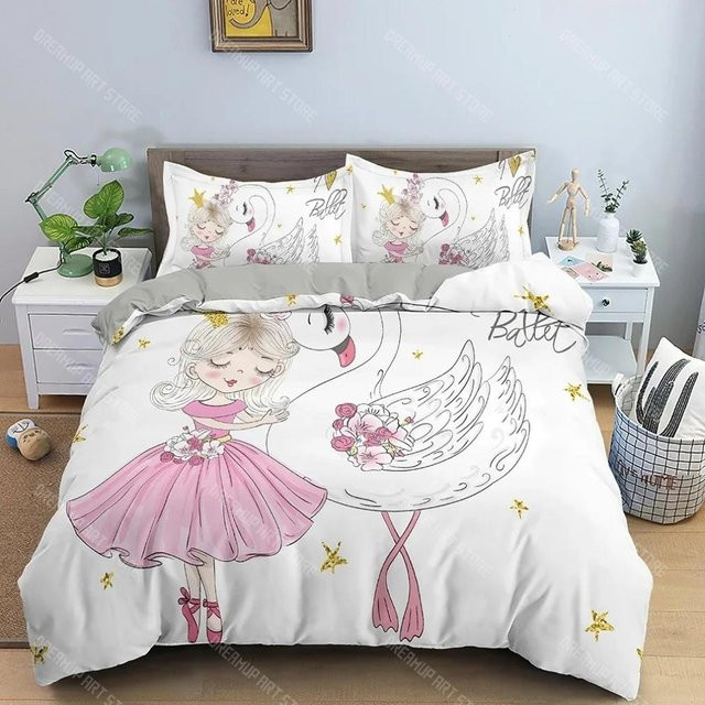 Bettwäsche Set Ballett Prinzessin mit Cartoon Tanzendes Mädchen in Rosa und Weiß, B/T: 90 x 200 cm - Bild 1