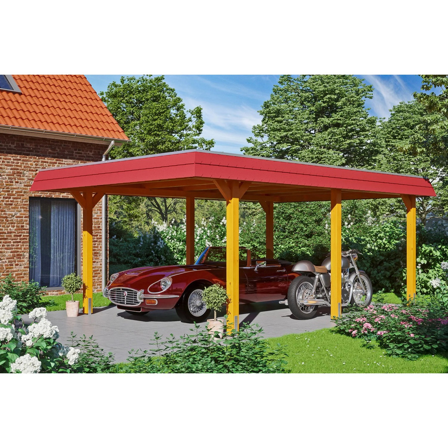 Skan Holz Carport Wendland aus Eiche Hell mit Aluminium-Dach und roter Blende, B: 628 cm, T: 409 cm - Bild 2
