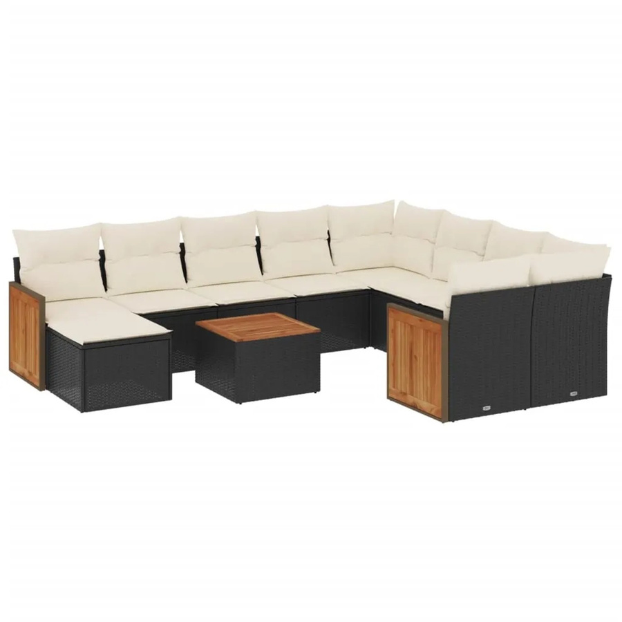 vidaXL 11-teilige Garten-Sofagarnitur aus Poly-Rattan und Akazienholz in Schwarz-Creme mit Kissen - Bild 2