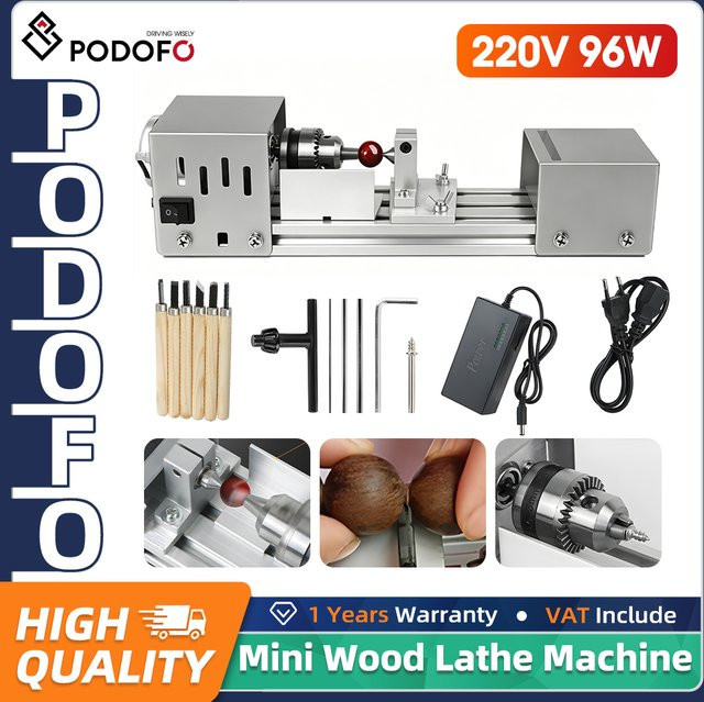 Podofo Mini-Holzdrehmaschine 24V Tischdrehmaschine mit 2000 bis 8000 U/min und 6-teiligem Schnitzset in Silber - Bild 1