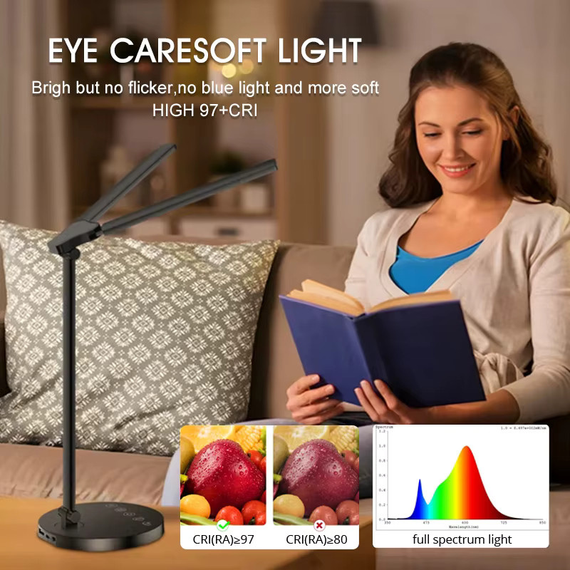 Mzvul LED-Schreibtischlampe mit einstellbarer Helligkeit und farblich dimmbarer Doppelkopf-Tischleuchte mit Typ-C-Schnittstelle - Bild 3