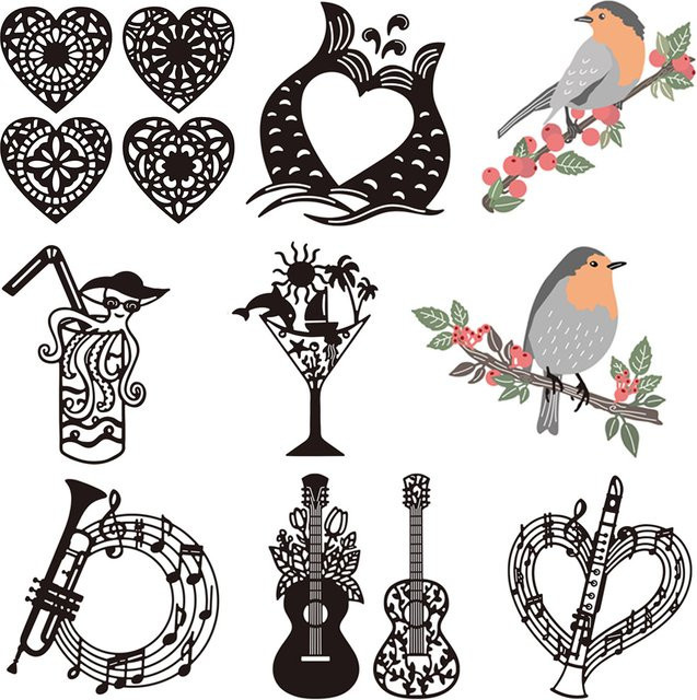 DIY Stanzformen Set mit Motiven wie Musikinstrumenten, Gitarren, Tassen, Herzen, Meerjungfrauen und Vögeln für Scrapbooking und Bastelarbeiten - Bild 1