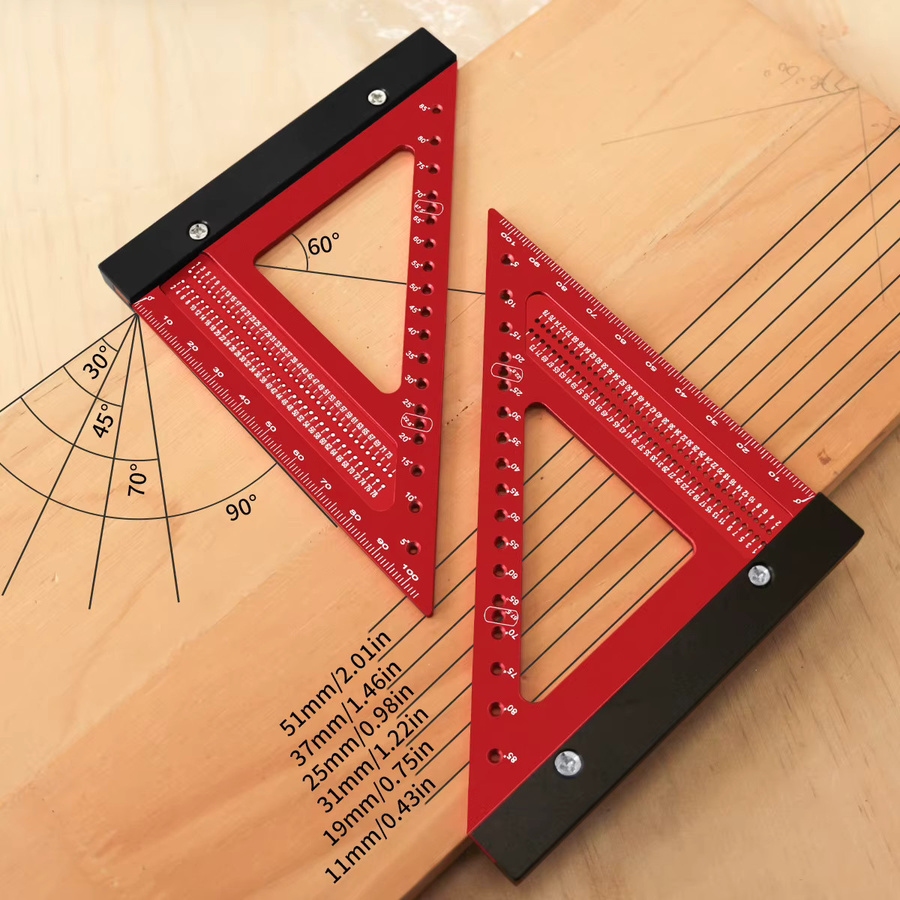 Wnew Präzisions-Zimmermannsquadrat 90 Grad aus Aluminiumlegierung in Rot-Schwarz, multifunktionales Dreieckslineal mit Lochpositionierung für Profis - Bild 4
