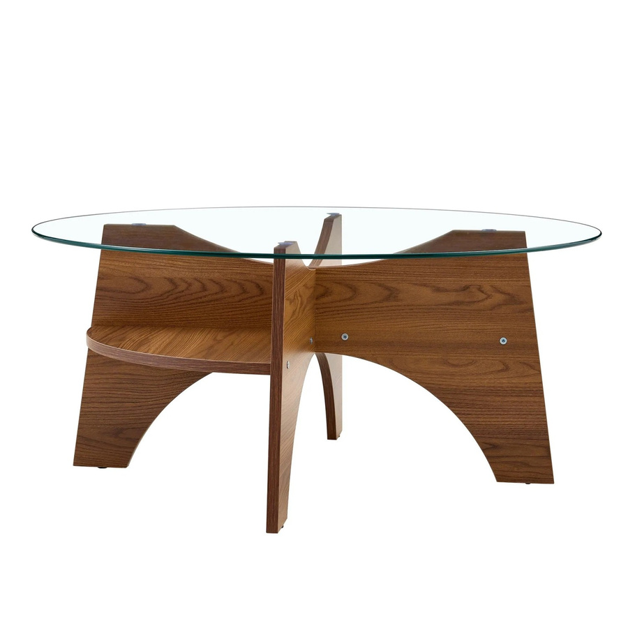 okwish Beistelltisch mit Sicherheitsglas und Fächergestell in Nussbaum, rund, B: 80 cm, T: 80 cm, H: 36 cm - Bild 2