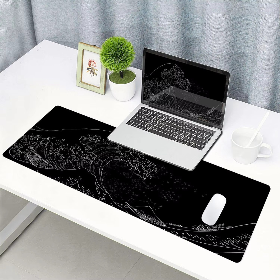 Großes Mauspad The Great Wave Off Kanagawa in Schwarz, rutschfeste Schreibtischunterlage mit Gummibasis und genähten Kanten für dein Tastatur-Maus-Setup - Bild 6