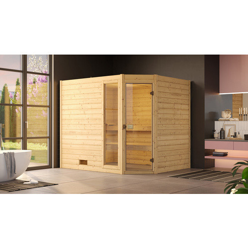 WEKA Massivholzsauna Valida Eck 3 für 4 Personen in Braun inklusive 7,5 kW Ofen mit externer Steuerung und BioS Glastür sowie Fenstern - Bild 2
