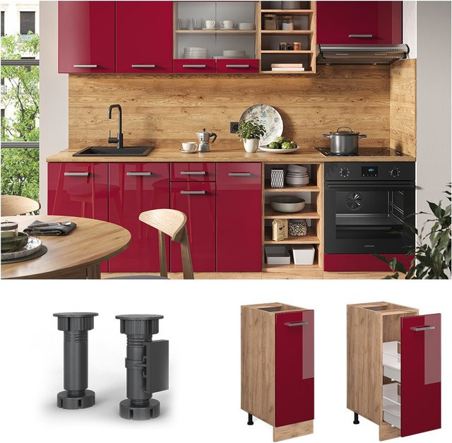 Vicco Apothekerunterschrank R-Line Küchenschrank Eiche Bordeaux Hochglanz mit Goldakzenten Breite: 30 cm, Tiefe: 30 cm, Höhe: 30 cm - Bild 1