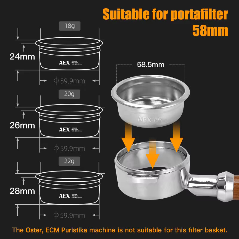 CafeGaGa Espresso-Kaffeefilterkorb aus Edelstahl in Silber, 58,5 mm Durchmesser, für 18–22 g Präzisions-Siebträger mit Puck-Screen - Bild 2