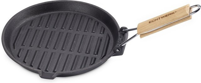 ECHTWERK Grillpfanne aus Gusseisen mit Emaille-Beschichtung und Holzgriff, Schwarz, Durchmesser: 23 cm - Bild 1