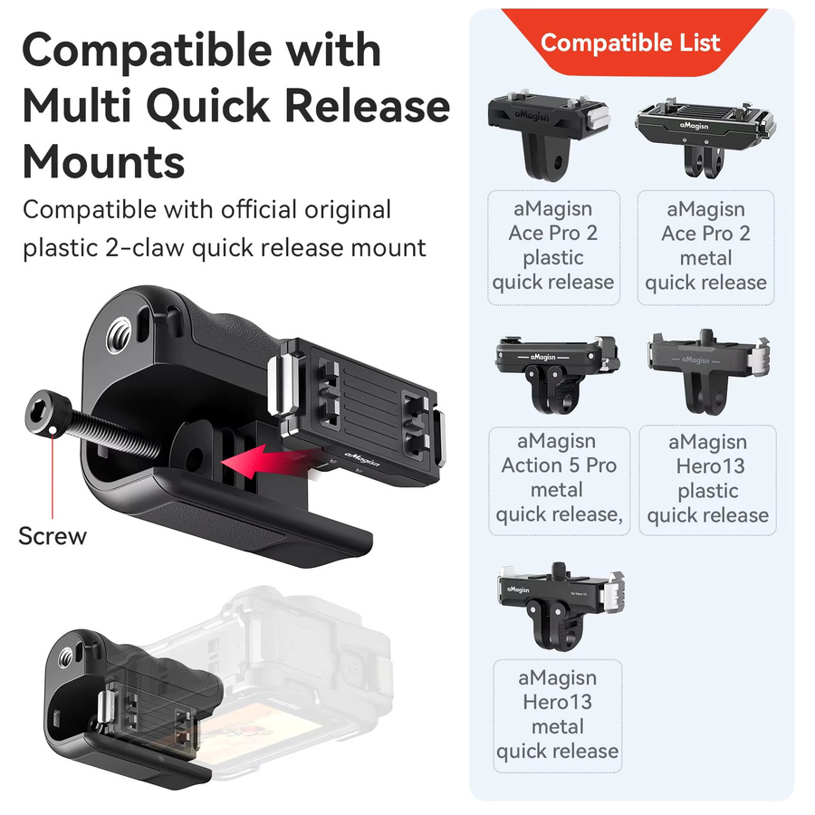 aMagisn Xplorer Grip Kit für Insta360 Ace, DJI Action und GoPro Serien – Ergonomischer Schnellspanngriff mit Auslöser in Schwarz - Bild 2