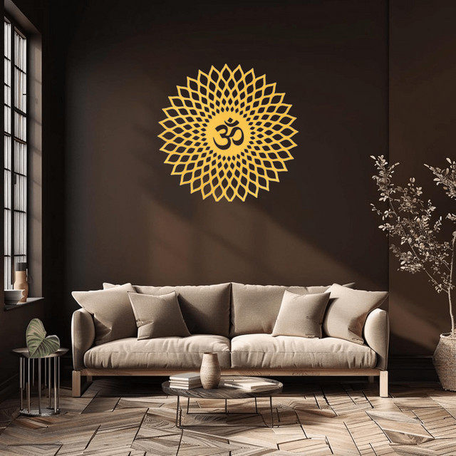 HELLOYOUNG Mandala Wandkunst aus Holz in Gold mit geometrischem OM-Design - Bild 1