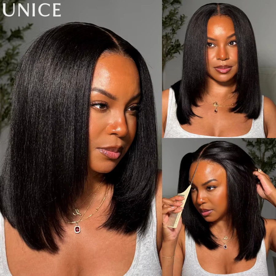 UNice Layered Cut Yaki Straight Human Hair Bob Wig, 150% Density - Bild 3