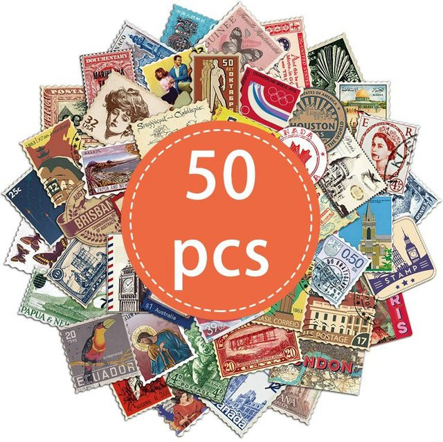 50 Stück Vintage Briefmarken Aufkleber von Linyi Toy in Rot und Multicolour - Bild 1
