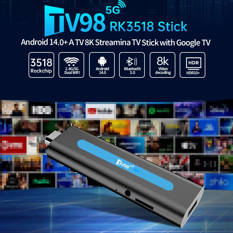 CLIBABIQBOX TV98 RK3518 Smart Android 14 TV-Stick mit Quad-Core, 8K und 4K Unterstützung, Dual-WLAN 4G/5G, Bluetooth 5.0 und Sprachfernbedienung in Schwarz - Bild 2