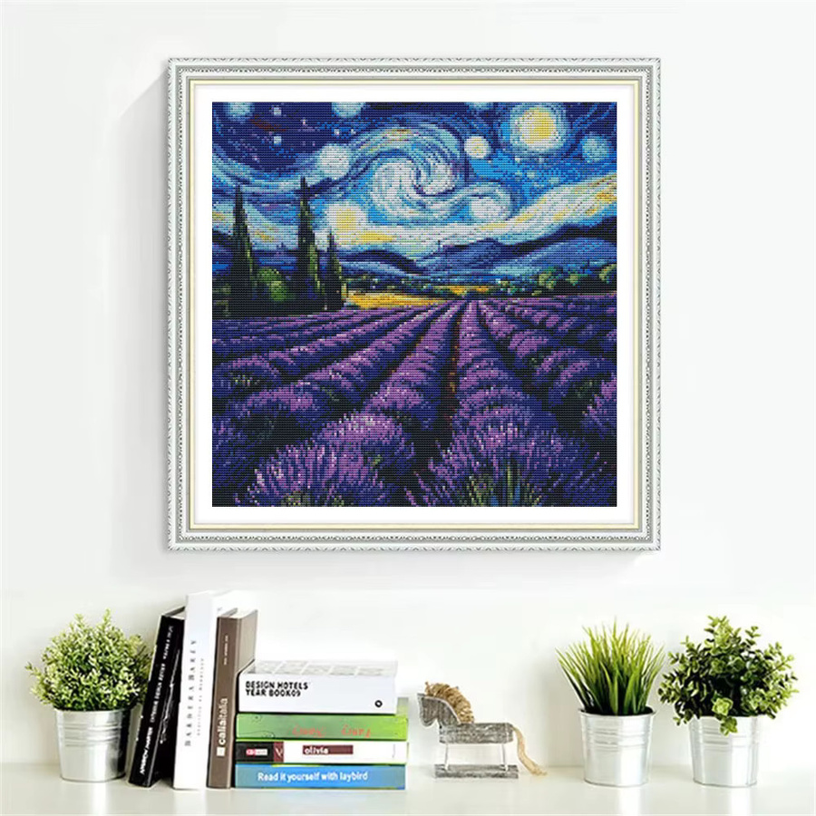 HUACAN Kreuzstich-Set Lavendel Landschaft mit Sternenhimmel, Stickerei-Set mit DMC-Fäden, 11 Karat, Farbe: Lila, B/T/H: 30 x 30 x 30 cm - Bild 3