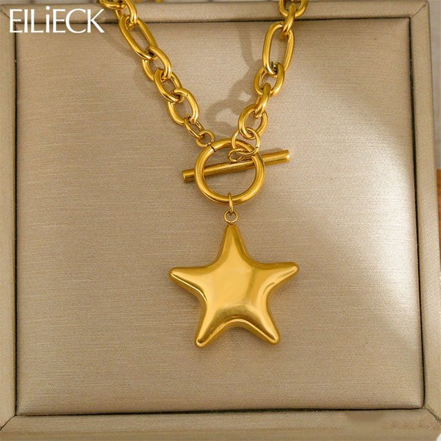 EILIECK Halskette mit Pentagramm Stern Anhänger, Edelstahl, Gold, Damen - Bild 1