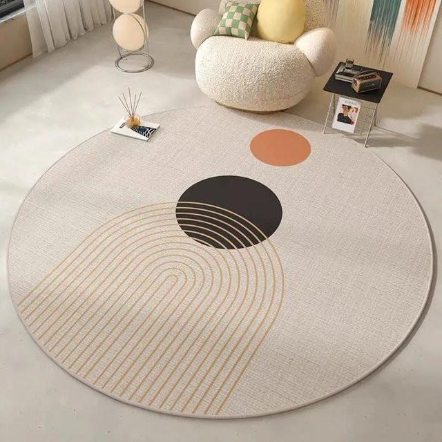 VIKAMA Runder Teppich in Beige mit Streifen-Design, strapazierfähiger und rutschfester Bodenmatte aus Polyester für Wohnzimmer, Schlafzimmer oder Küche, Durchmesser: 120 cm - Bild 1
