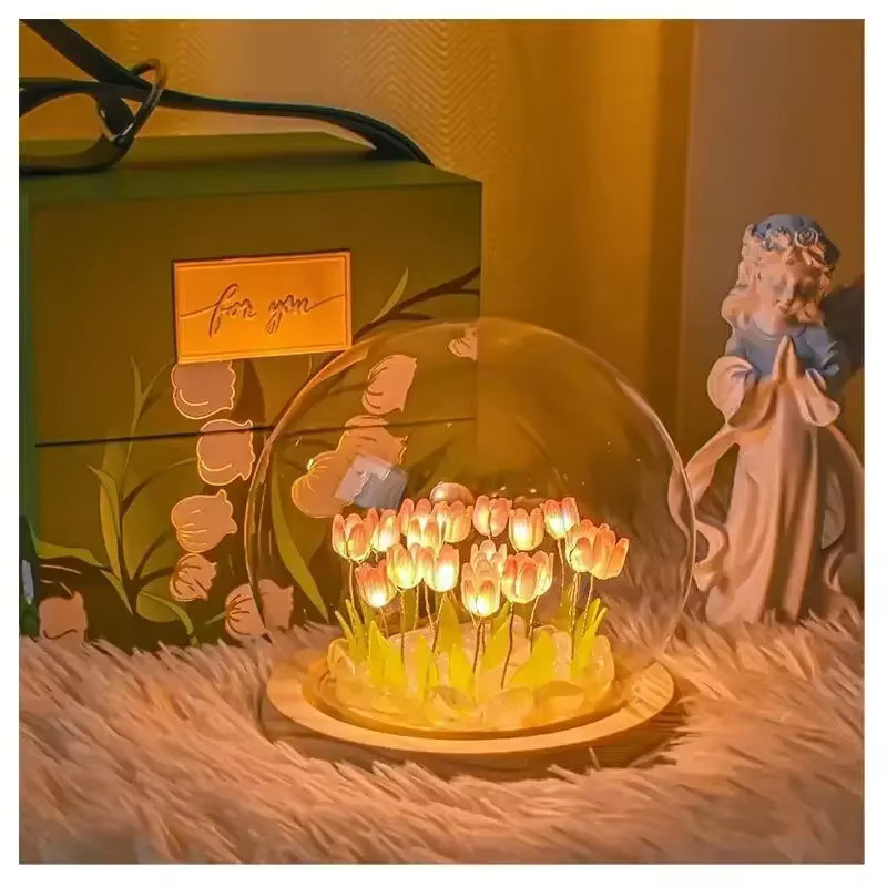 Handgemachte DIY Künstliche Tulpe LED Nachtlampe in Rosa und Multicolour mit warmweißem Licht für Schlafzimmer und Schreibtisch - Bild 2