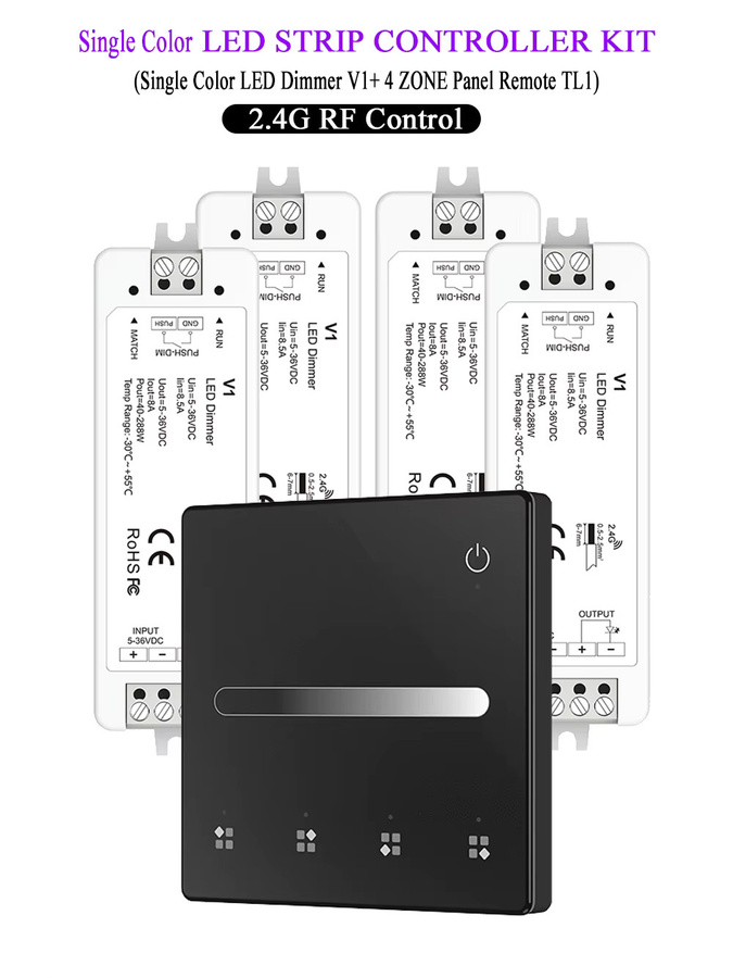CENFAYA RF Einfarbiges LED-Controller-KIT TL1 mit Touch Panel und Fernbedienung, Dimmer für DC12V 24V, Schwarz - Bild 6