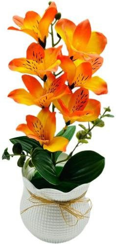 Künstliche Magnolienblüte in Orange mit 7 Blütenköpfen im Topf als Tischdekoration - Bild 1