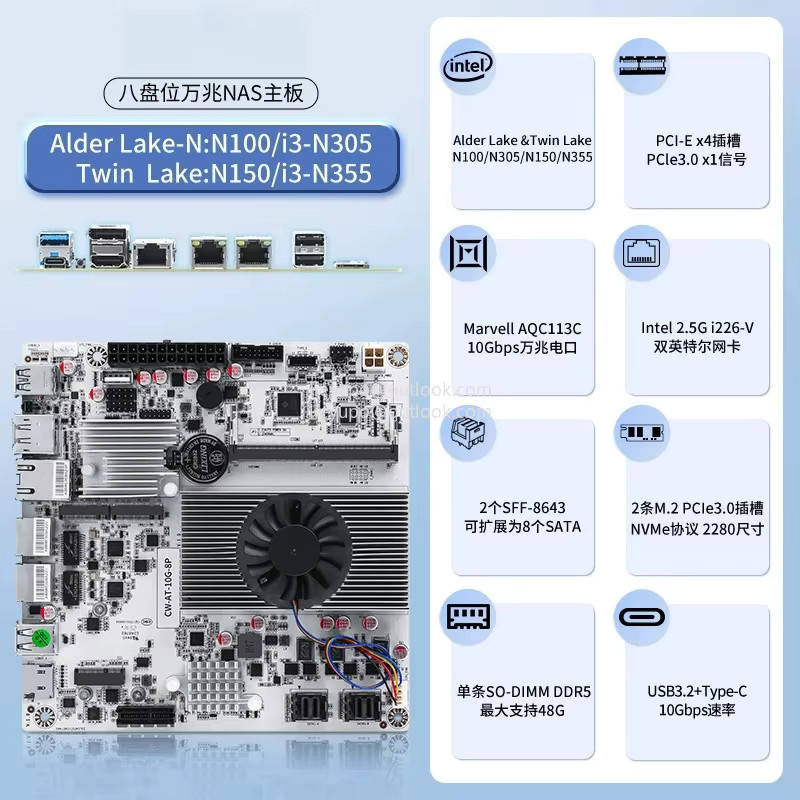 Intel Netzwerkspeicher-Hauptplatine mit 10G-Anschluss, Intel N150, N100 oder i3-N305, Firewall-Hauptplatine mit PCIe X1 Typ-C und 8 Festplattenslots - Bild 2