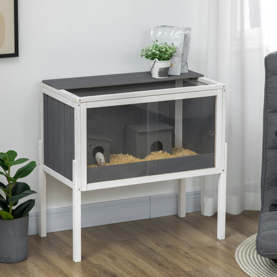 PawHut Hamsterkäfig aus Holz für Zwerghamster und Nager in Grau mit Zubehör und 2 Hütten, B/T/H: 82 x 45 x 81 cm - Bild 2